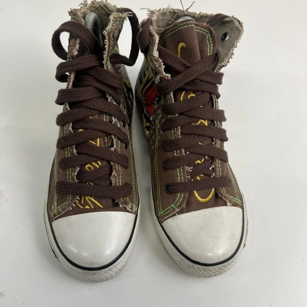 Ed Hardy Shoes Womens Size 7 Brown Tiger Canvas High Top Sneakers 18FHR107W
